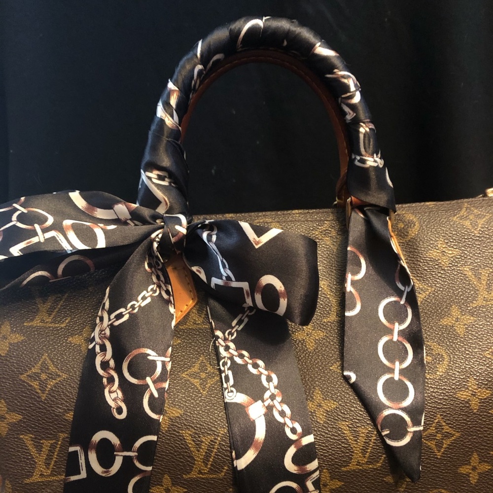 Purse scarf 2 black ivory chain link Handle cover - Picture 3 of 5